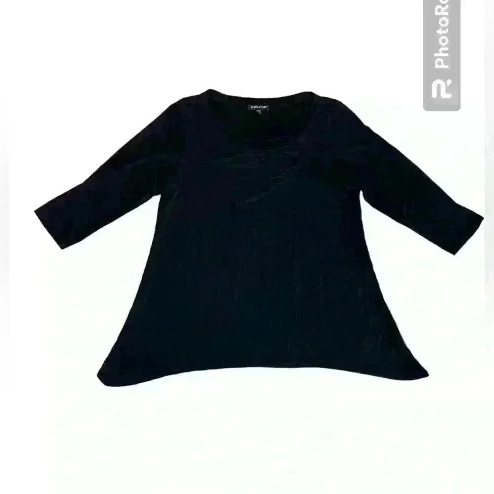 Eileen Fisher 3/4 Sleeve Black Shirt Top Small Asymmetric Hem Basics Minimalist